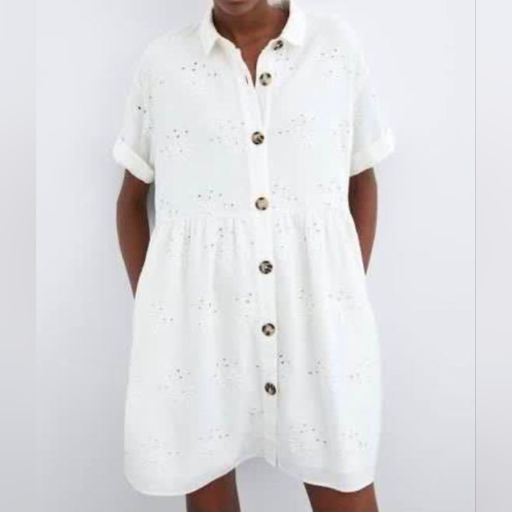 Zara White Embroidered Eyelet Button Down Baby Doll Dress Size Medium